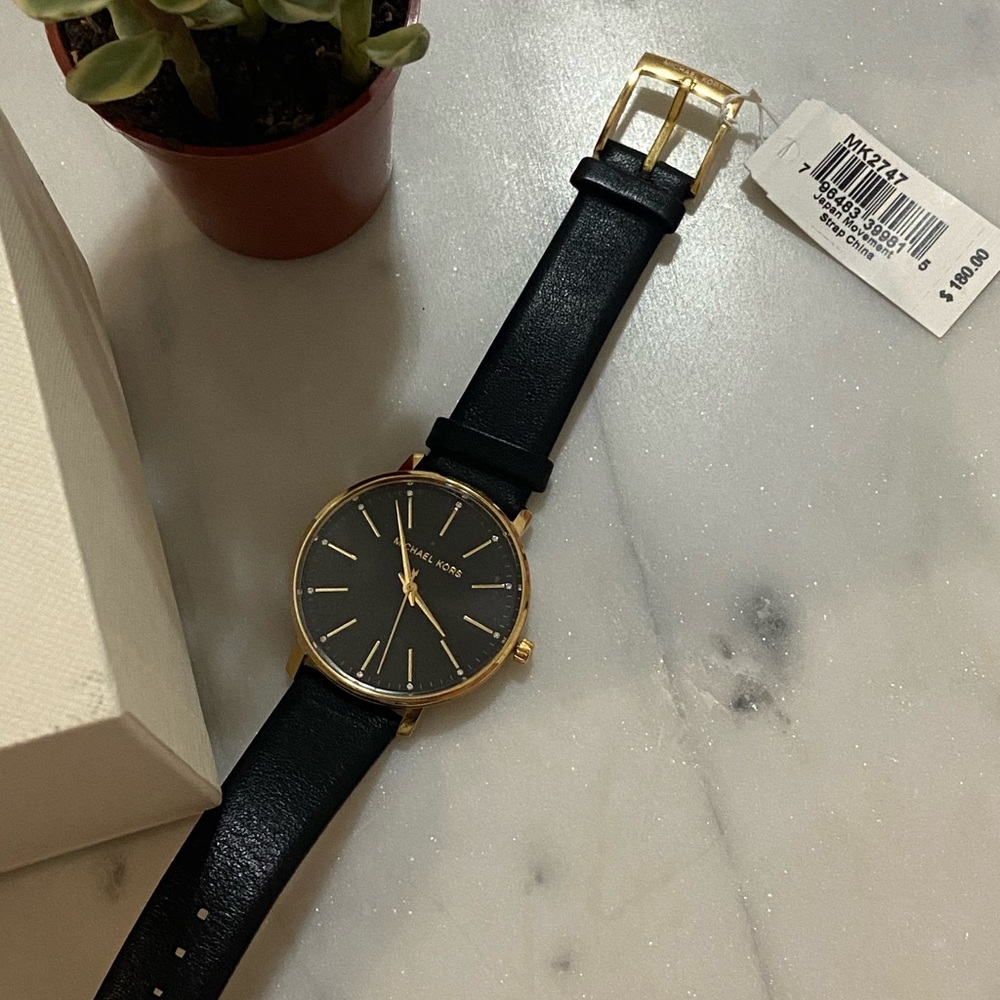 New MK black leather watch with box